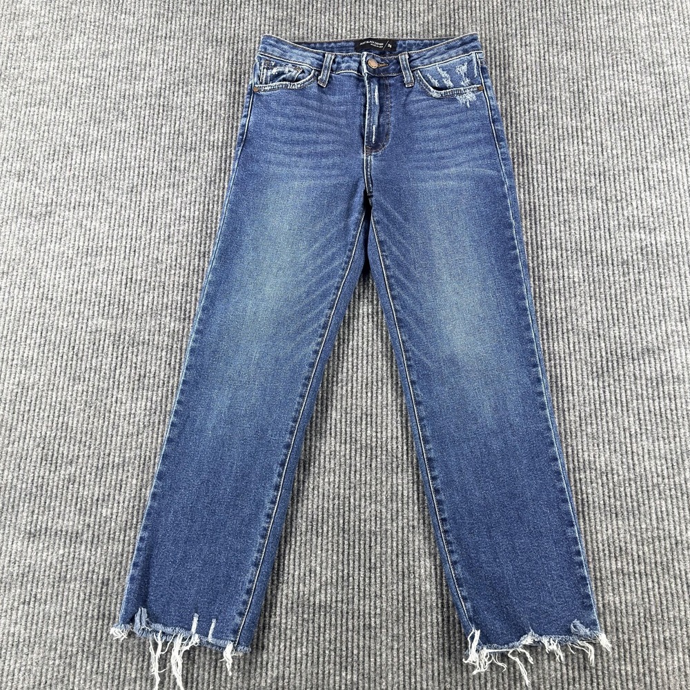 Just Black Denim Straight Jeans Womens 26 Blue Wash High Rise Distressed Raw Hem
